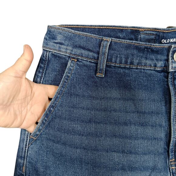 Old Navy Sky Hi A Line Denim Shorts Size 10 Raw Hems Blue Secret Smooth Pockets - Picture 2 of 7